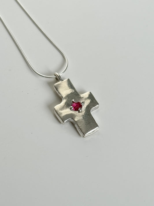 Pink sapphire cross necklace