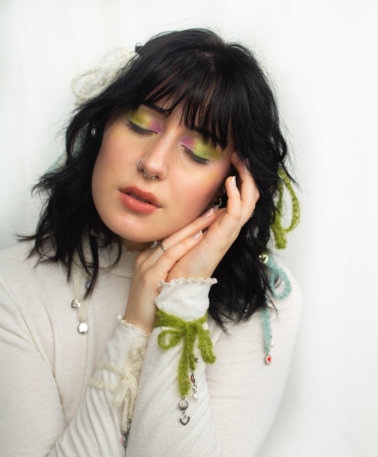 Green mohair hair bows