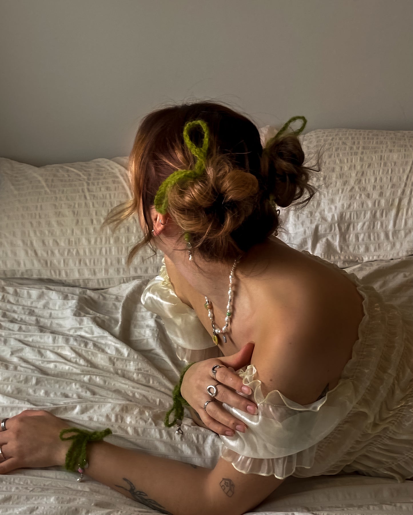 Green mohair hair bows